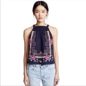 FREE PEOPLE | Honey Pie Navy Blue Cross-stitch Embroidery Tie Tank Top Women’s M
